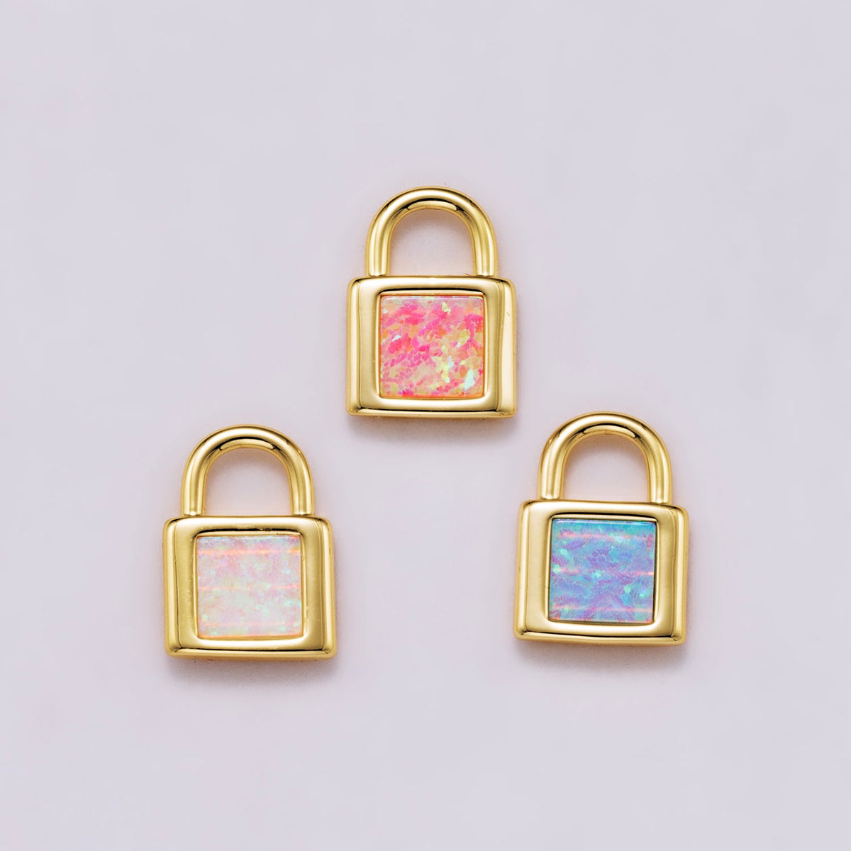 18K Gold Filled 14mm Blue, Pink, White Opal Square Padlock Mini Charm | Charms-00164 ~ Charms-00166
