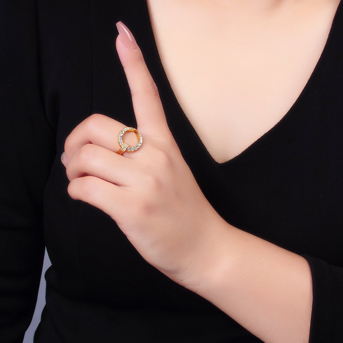 24K Gold Filled Micro Paved CZ Belt Buckle Geometric Adjustable Ring | U449