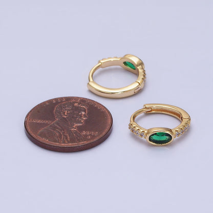 16K Gold Filled Emerald Green Oval Micro Paved CZ 13mm Huggie Earring in Gold &amp; Silver | AD865 AD866