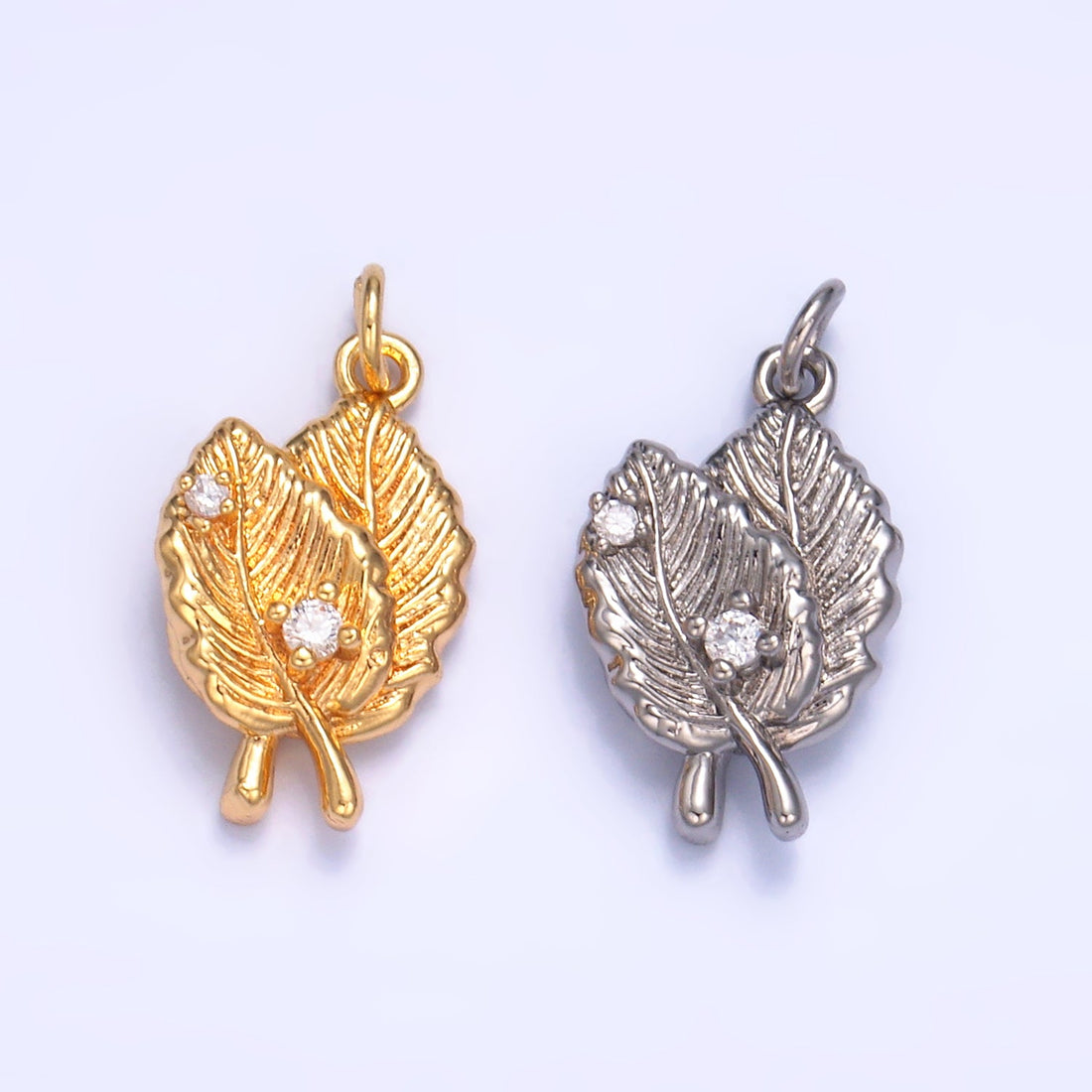 24K Gold Filled Leaf Nature CZ Multidimensional 3D Charm in Gold &amp; Silver | W794