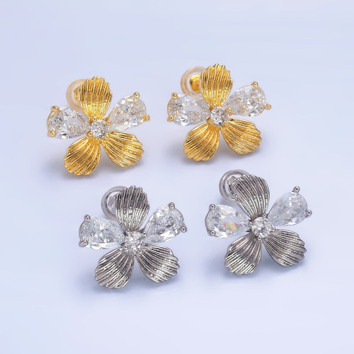24K Gold Filled Clear CZ Textured Flower Stud Earrings in Gold &amp; Silver | AB722 AB723