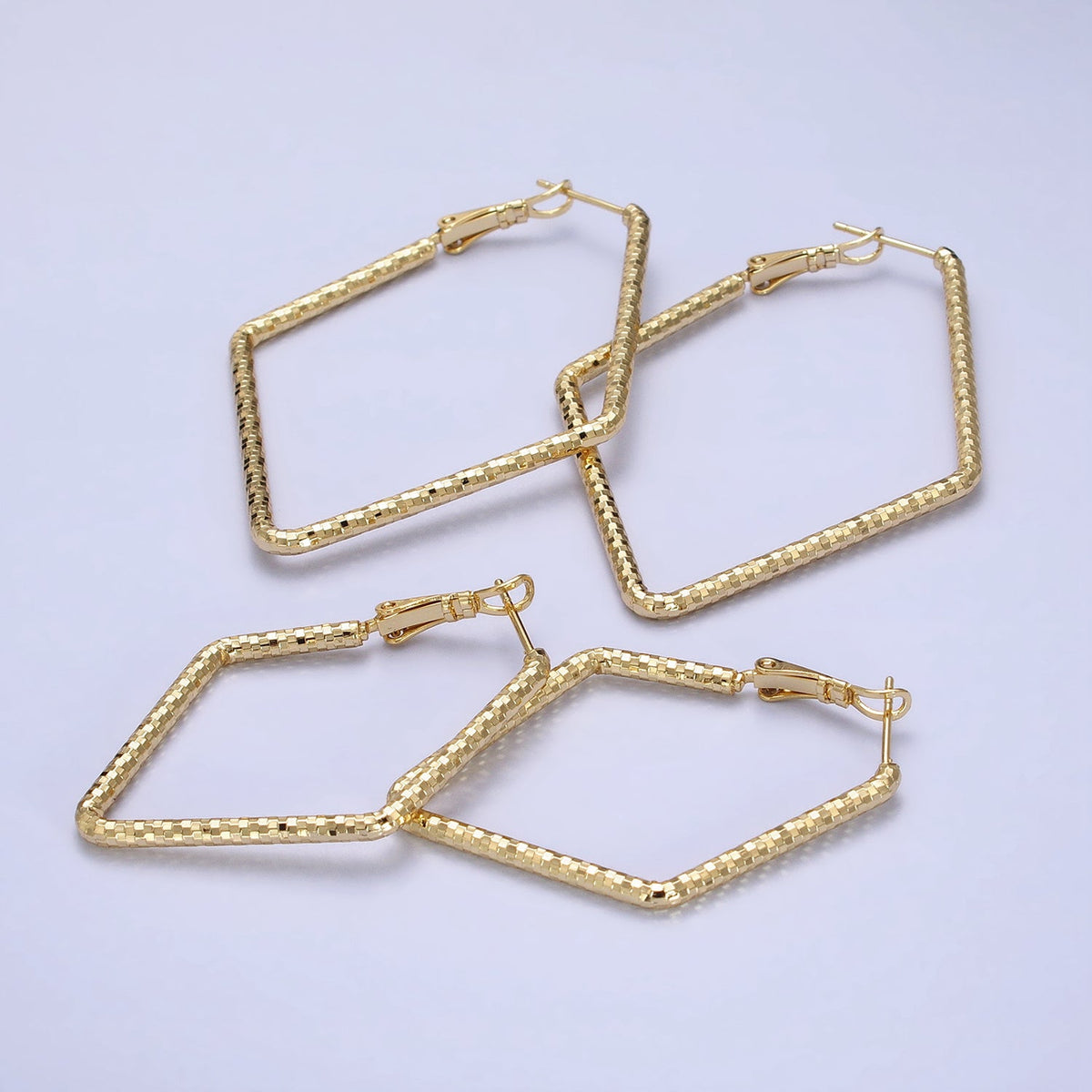14K Gold Filled Multifaceted Textured 45mm, 60mm Rhombus Hinge Hoop Earrings | AE063 AE064