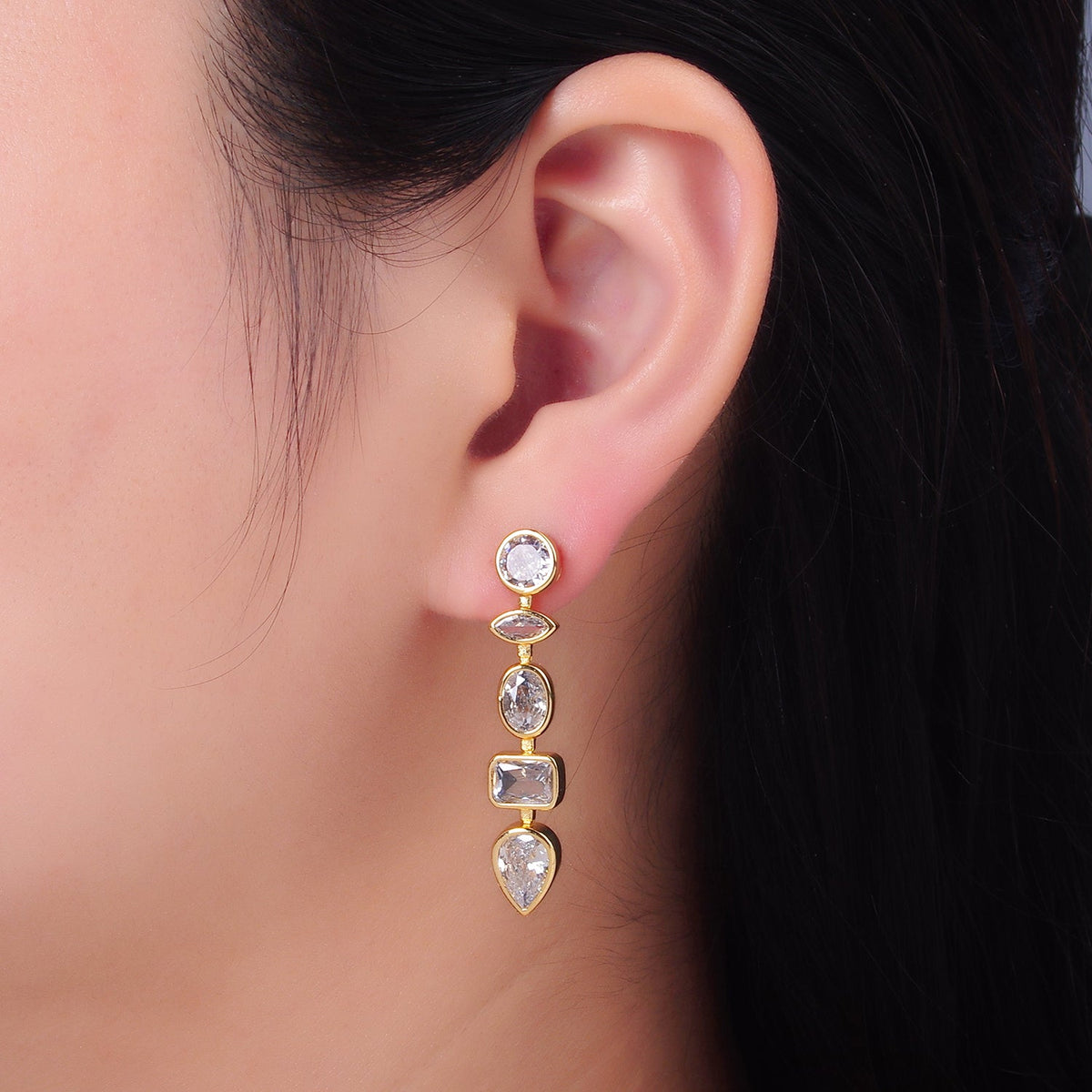 24K Gold Filled Clear CZ Geometric Drop Stud Earrings | AI496