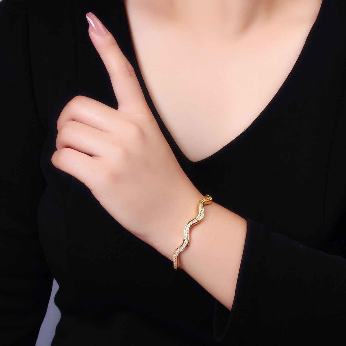 24K Gold Filled Micro Paved CZ Wave Cuff Bracelet | WA-2720