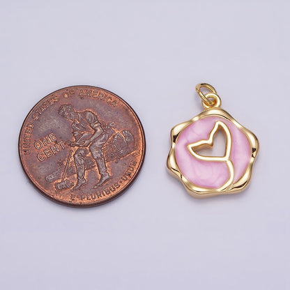 16K Gold Filled White, Pink, Blue Ocean Whale Tail Glitter Enamel Stamped Round Charm in Gold &amp; Silver | AC1093 - AC1098