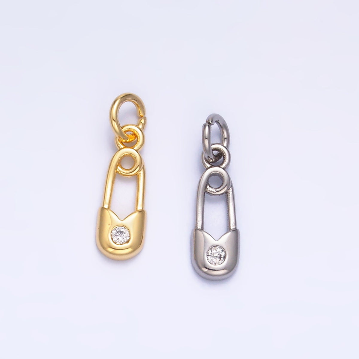 24K Gold Filled 11.5mm Clear CZ Safety Pin Mini Charm in Gold &amp; Silver | W882