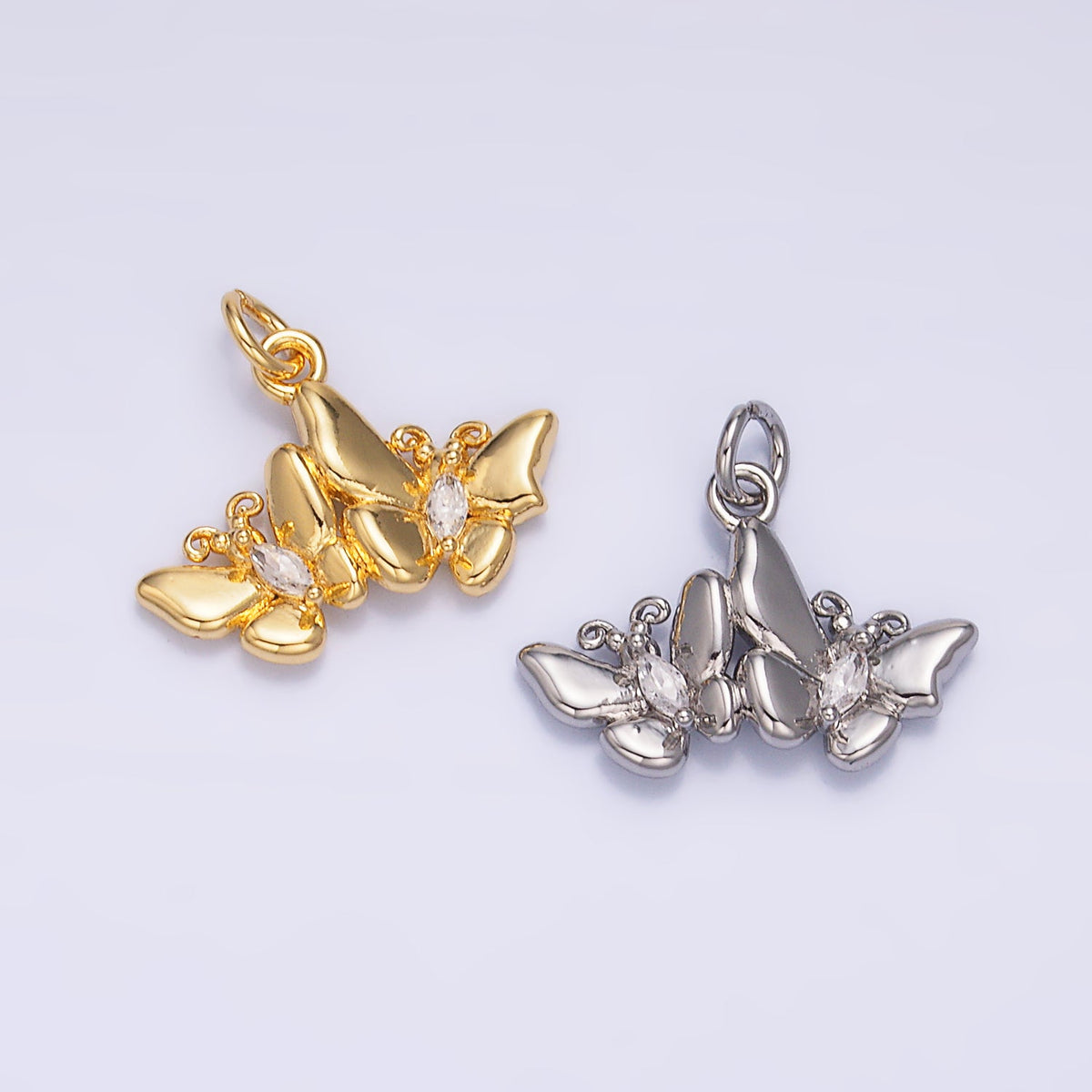 24K Gold Filled 12mm Marquise CZ Double Butterfly Mariposa Charm in Gold &amp; Silver | W828