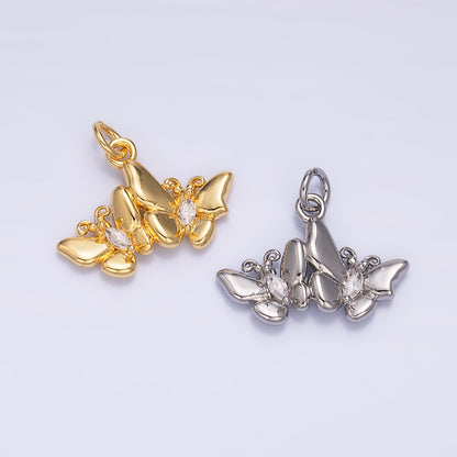 24K Gold Filled 12mm Marquise CZ Double Butterfly Mariposa Charm in Gold &amp; Silver | W828