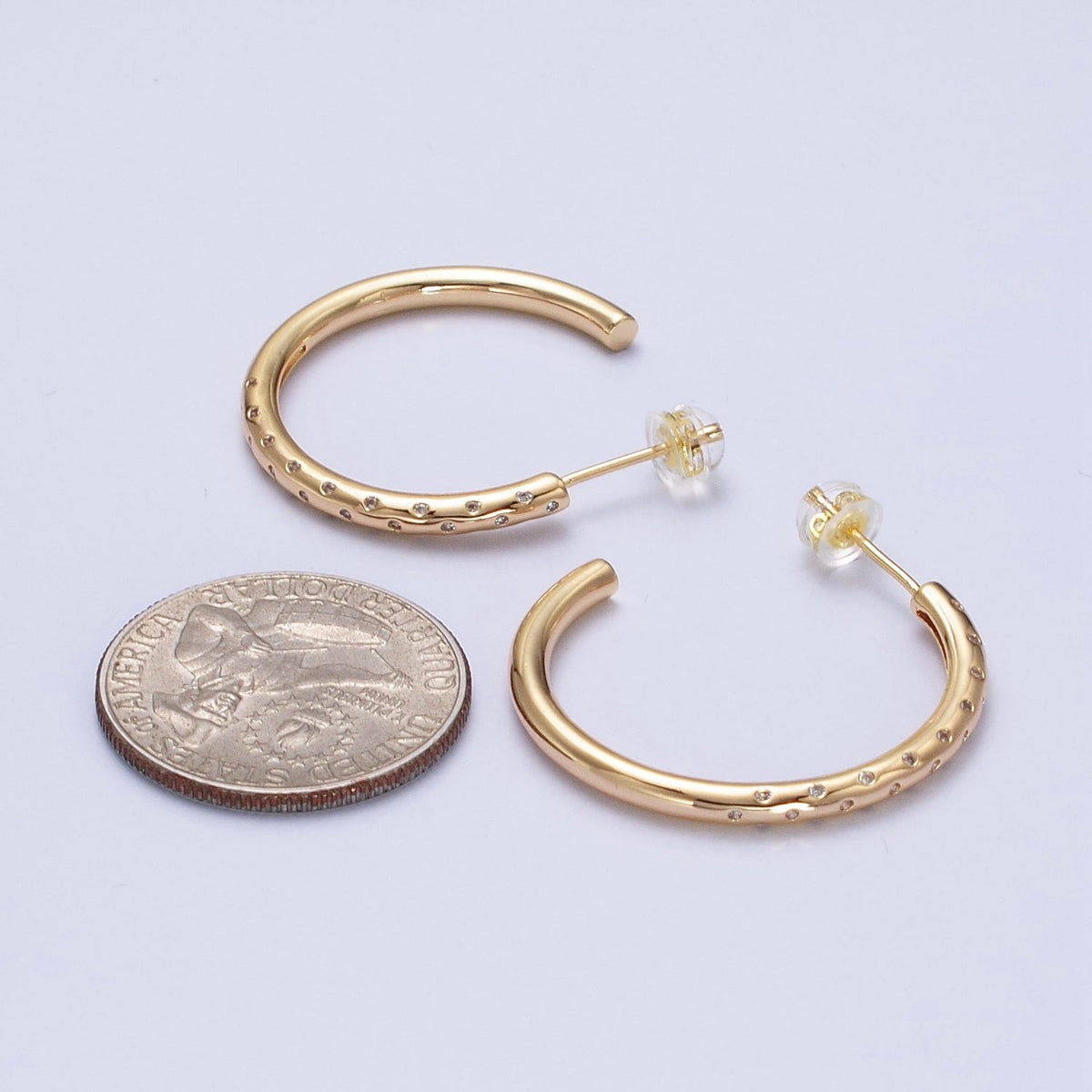 30mm Clear CZ Dotted C-Shaped Hoop Earrings in Gold &amp; Silver | AB749 AB741