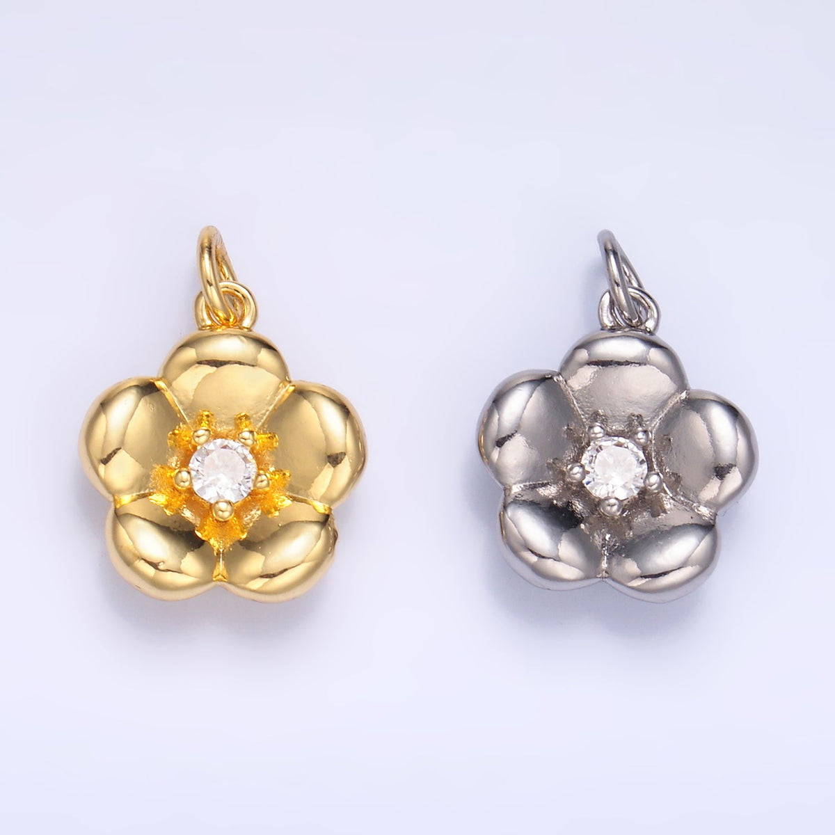 24K Gold Filled 14.5mm CZ Flower Multidimensional 3D Charm in Gold &amp; Silver | W869