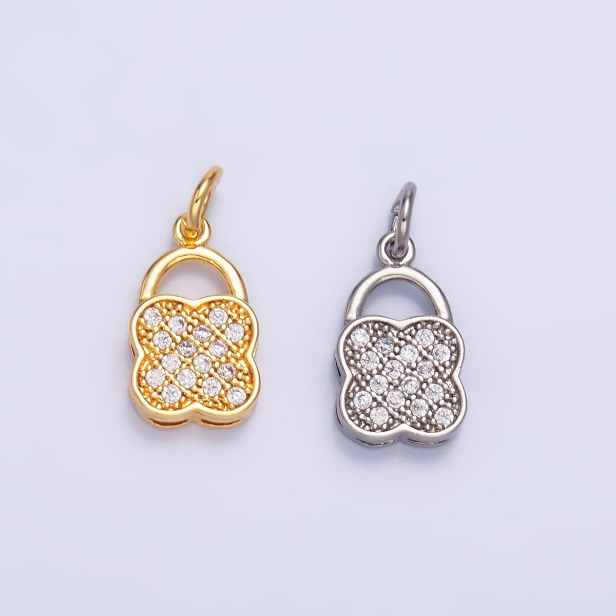 24K Gold Filled 11.5mm Micro Paved CZ Quatrefoil Padlock Charm in Gold &amp; Silver | W870