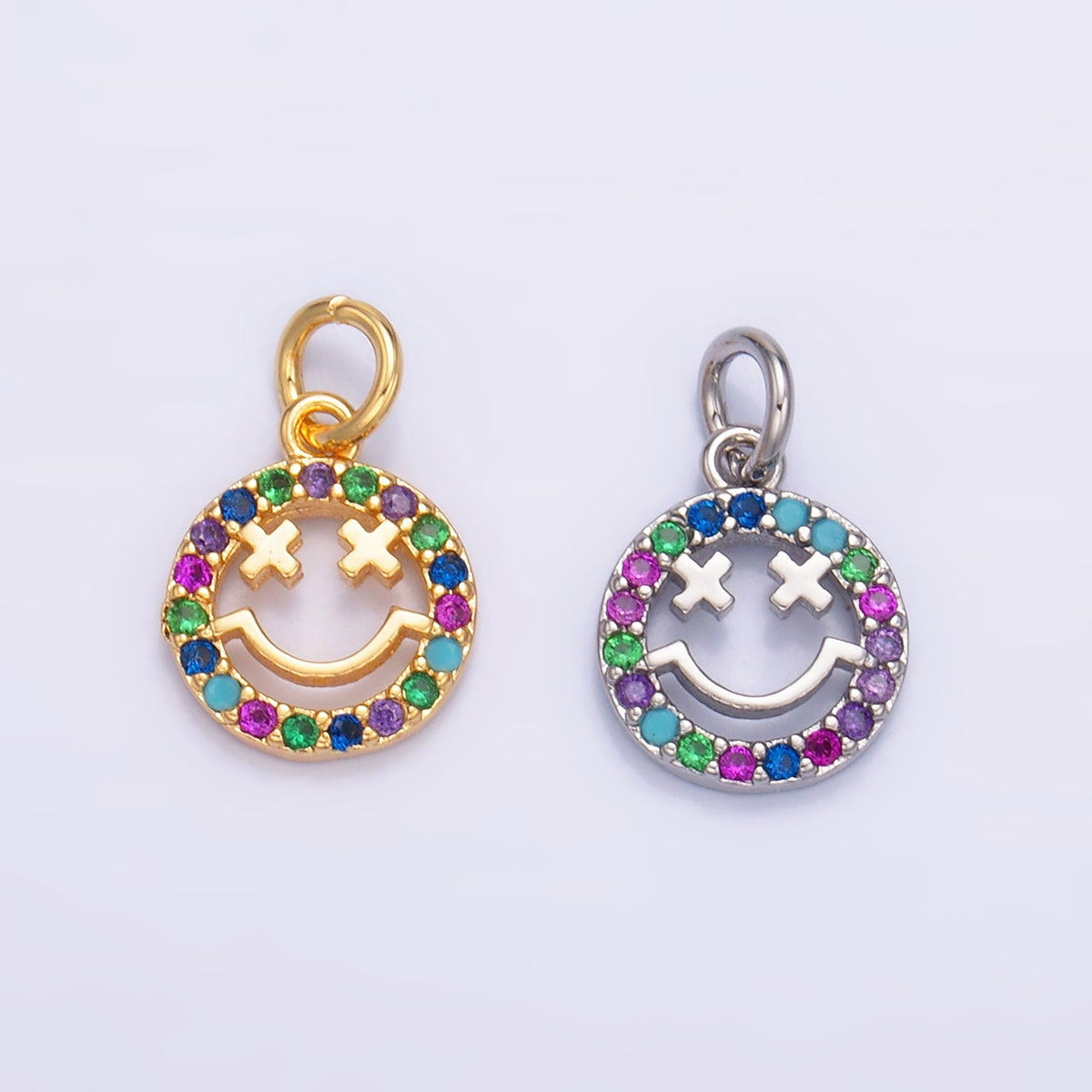 24K Gold Filled Multicolor Micro Paved CZ Smiley Face Charm in Gold &amp; Silver | W867