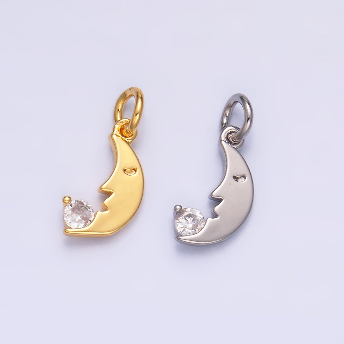 24K Gold Filled 11mm CZ Celestial Crescent Moon Face Charm in Gold &amp; Silver | W834