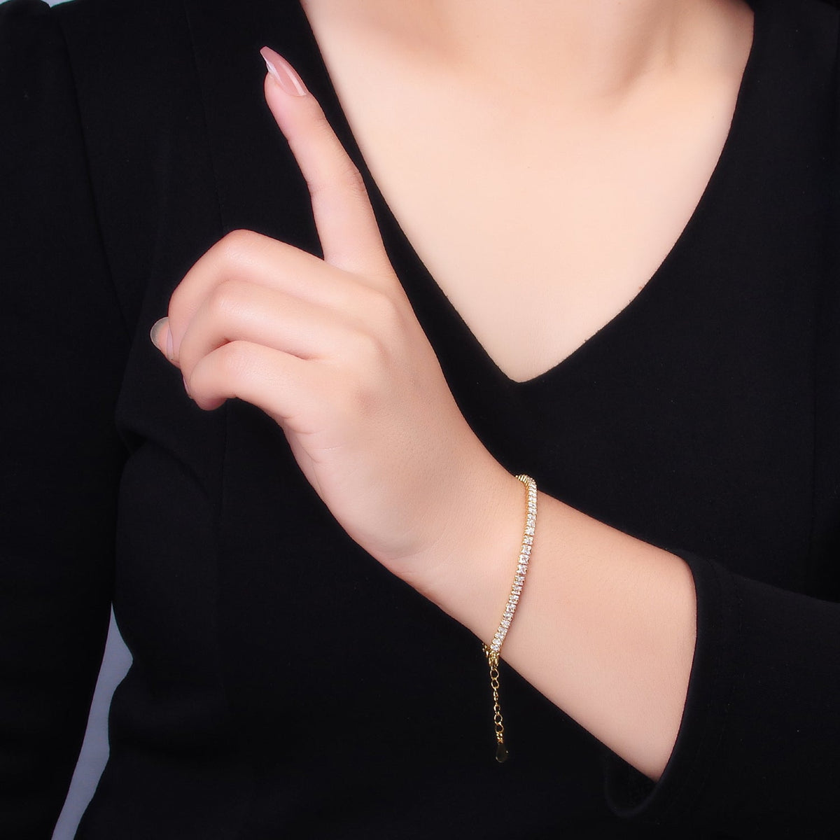 24K Gold Filled 3mm Clear CZ Baguette 7 Inch Tennis Bracelet | WA-2977