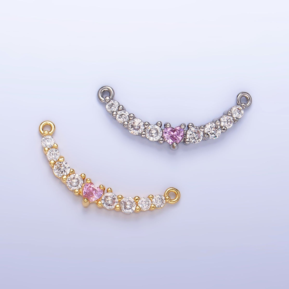 24K Gold Filled Pink Heart CZ Micro Paved Curved Connector in Gold &amp; Silver | Y004
