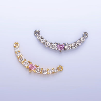 24K Gold Filled Pink Heart CZ Micro Paved Curved Connector in Gold &amp; Silver | Y004