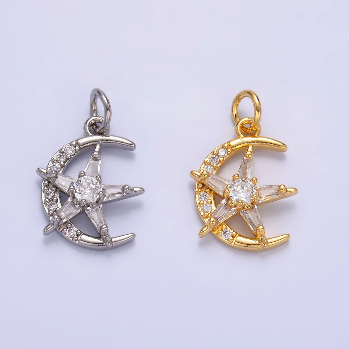 24K Gold Filled Celestial Crescent Moon Star Micro Paved CZ Mini Charm in Gold &amp; Silver | W811