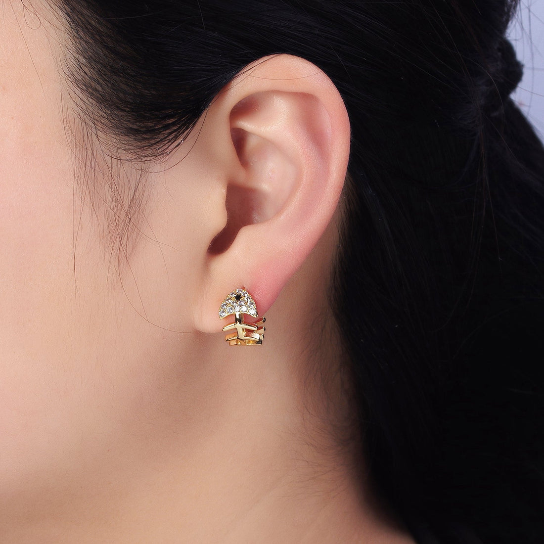 Gold, Silver Black-Eyed Ocean Fish Bone Micro Paved CZ 13mm Huggie Earrings | AB457 AB461