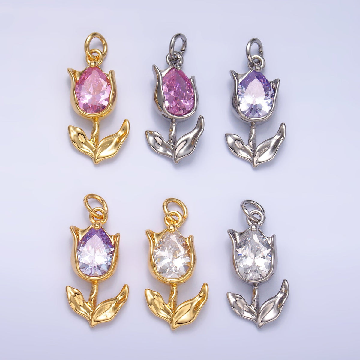 24K Gold Filled Clear, Pink CZ Tulip Charm in Gold &amp; Silver | W819 W820 M182