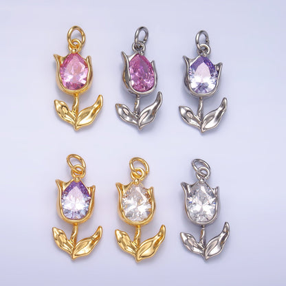 24K Gold Filled Clear, Pink CZ Tulip Charm in Gold &amp; Silver | W819 W820 M182