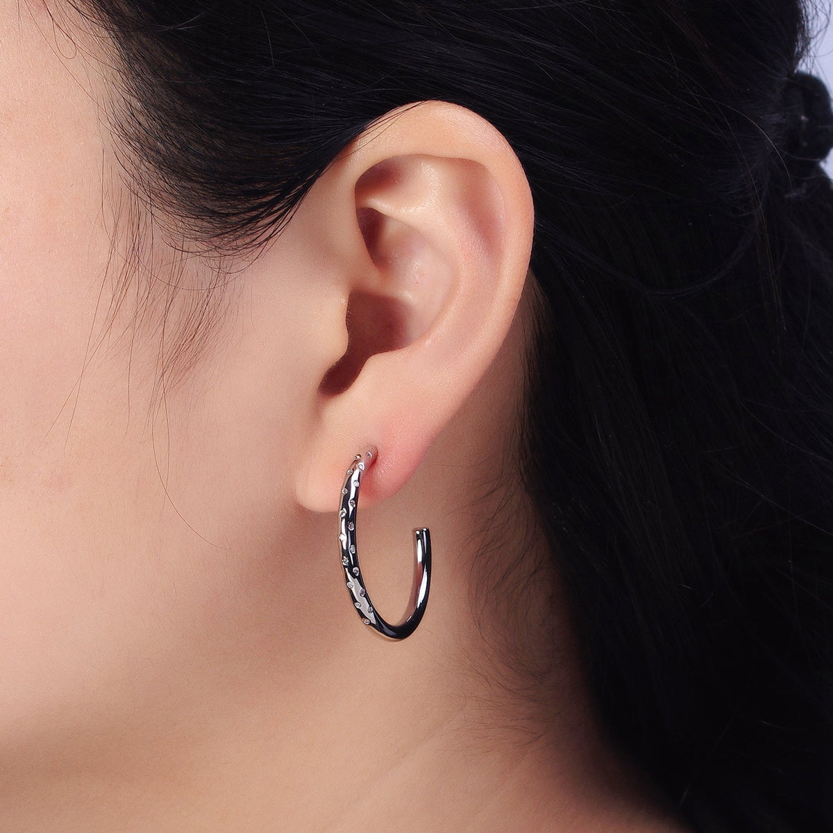 30mm Clear CZ Dotted C-Shaped Hoop Earrings in Gold &amp; Silver | AB749 AB741