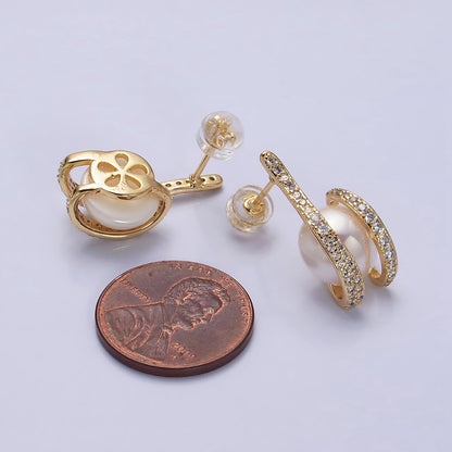 16K Gold Filled 21.5mm Iridescent Shell Pearl Micro Paved CZ Claw Drop Stud Earrings in Gold &amp; Silver | AD972 AD973