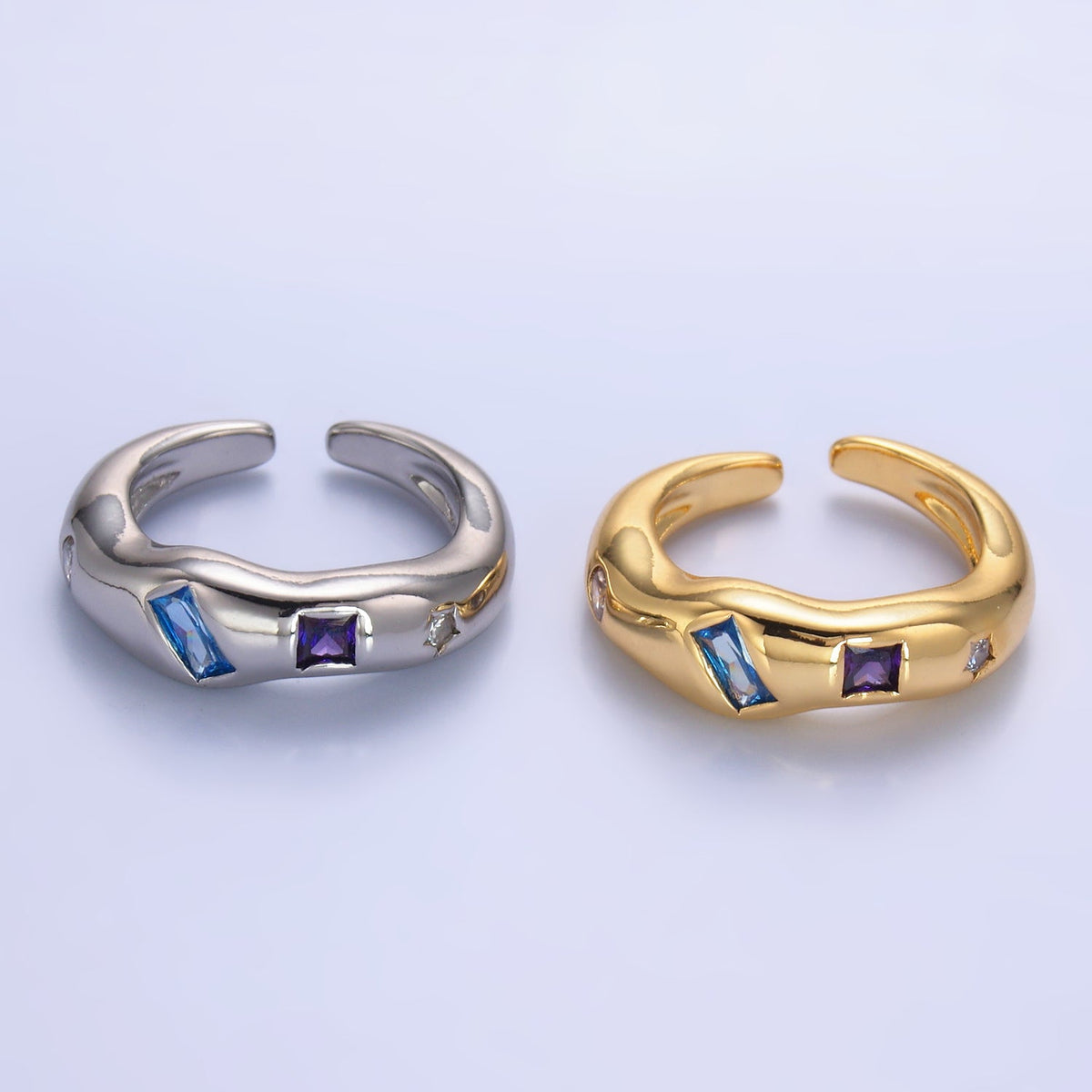 24K Gold Filled Multicolor Baguette CZ Geometric Molten Band Ring in Silver &amp; Gold | O756 O761