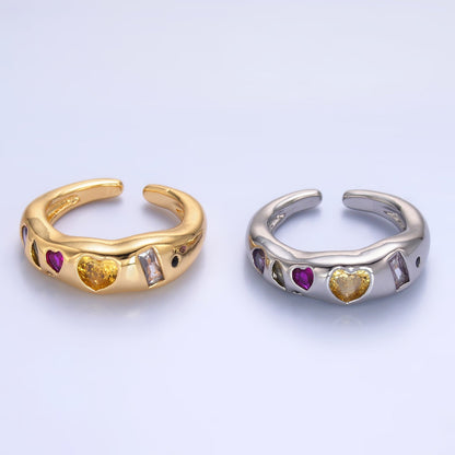 24K Gold Filled Multicolor Geometric Heart Baguette CZ Ring in Gold &amp; Silver | O740 O743