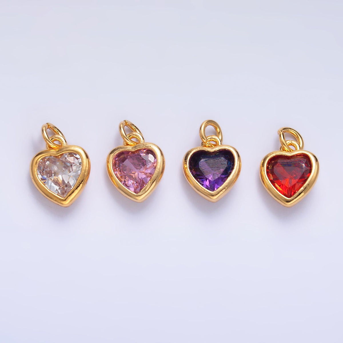 24K Gold Filled Purple, Red, Clear, Pink CZ Heart Bezel Charm | C453 D428
