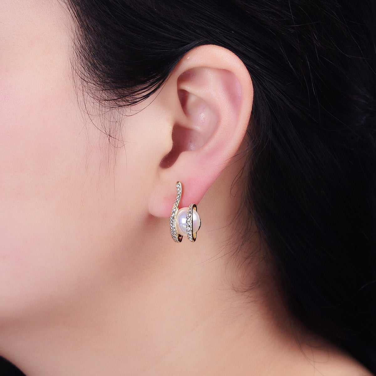 16K Gold Filled 21.5mm Iridescent Shell Pearl Micro Paved CZ Claw Drop Stud Earrings in Gold &amp; Silver | AD972 AD973