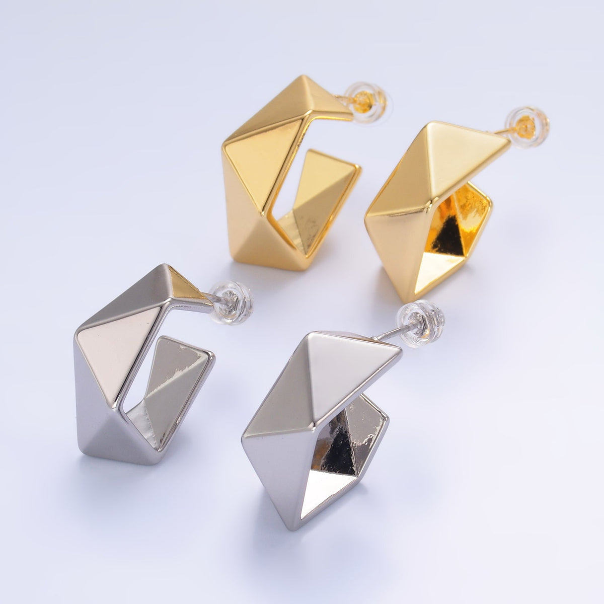 24K Gold Filled 22mm Geometric Edged C-Shaped Hoop Earrings in Gold &amp; Silver | AB879 AB880