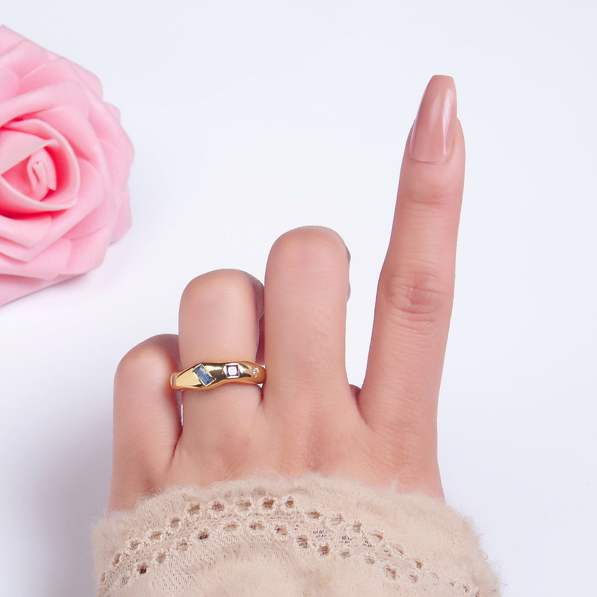 24K Gold Filled Multicolor Baguette CZ Geometric Molten Band Ring in Silver &amp; Gold | O756 O761