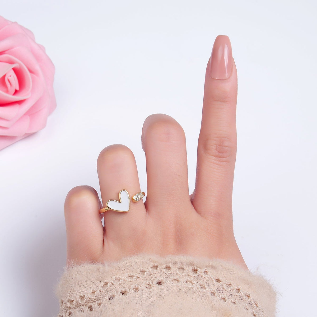 24K Gold Filled Heart White Enamel Micro Paved CZ Wrap Ring | O729