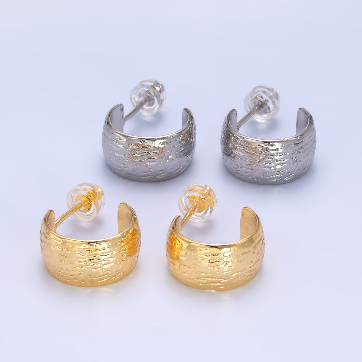 24K Gold Filled 15mm Line-Textured Wide C-Shaped Hoop Earrings in Gold &amp; Silver | AB1534 AB1548