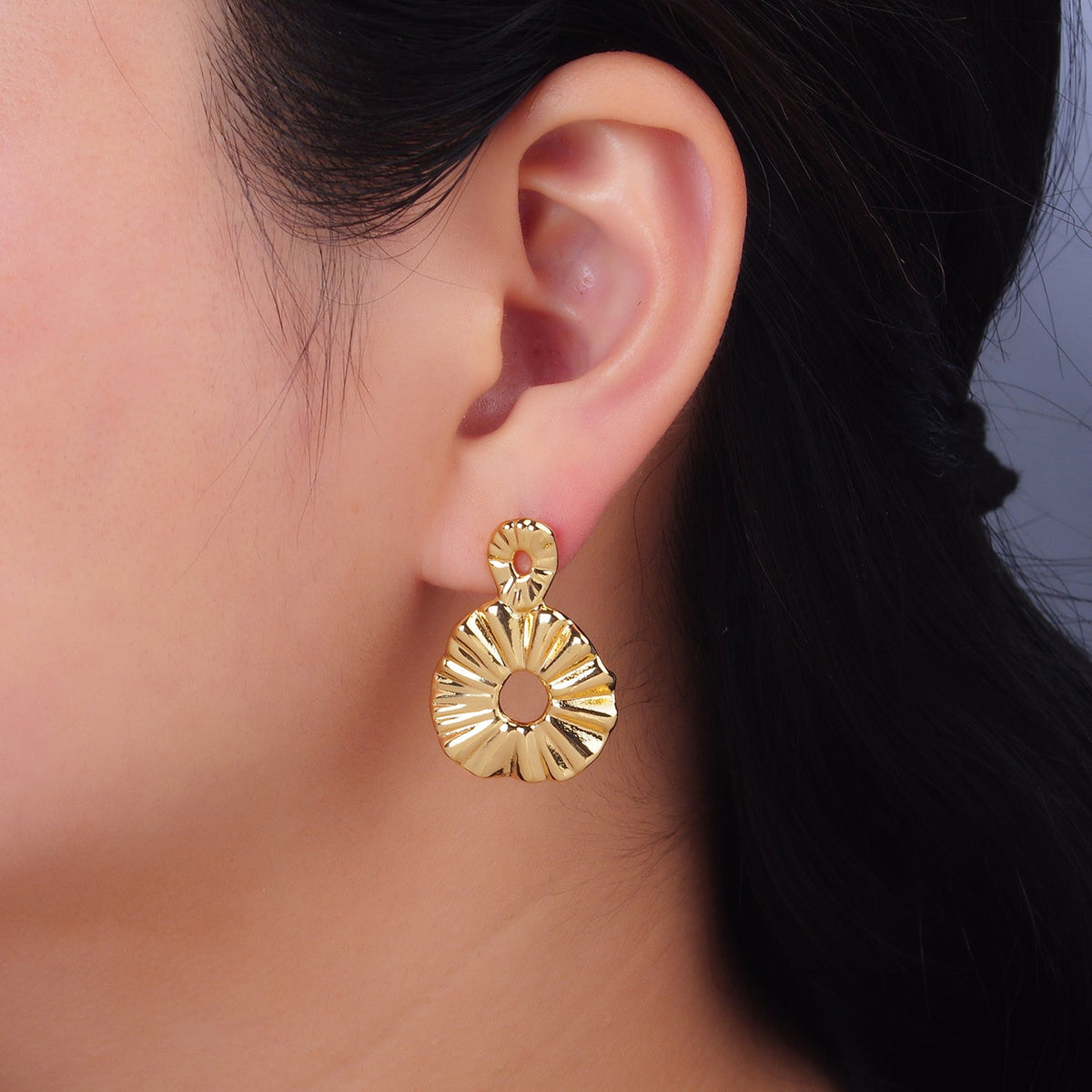 24K Gold Filled Double Open Round Sunburst Drop Stud Earrings | AB1029
