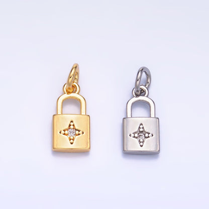 24K Gold Filled 10mm CZ Celestial Star Padlock Mini Charm in Gold &amp; Silver | E825