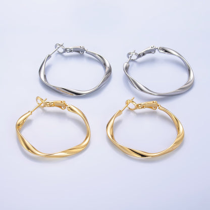 24K Gold Filled 32mm Twisted Hinge Hoop Earrings in Gold &amp; Silver | AB863 AB864