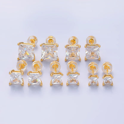 24K Gold Filled 5mm, 6mm, 7mm, 9mm Clear CZ Square Baguette Stud Earrings | AB168 - AB185