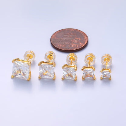 24K Gold Filled 5mm, 6mm, 7mm, 9mm Clear CZ Square Baguette Stud Earrings | AB168 - AB185