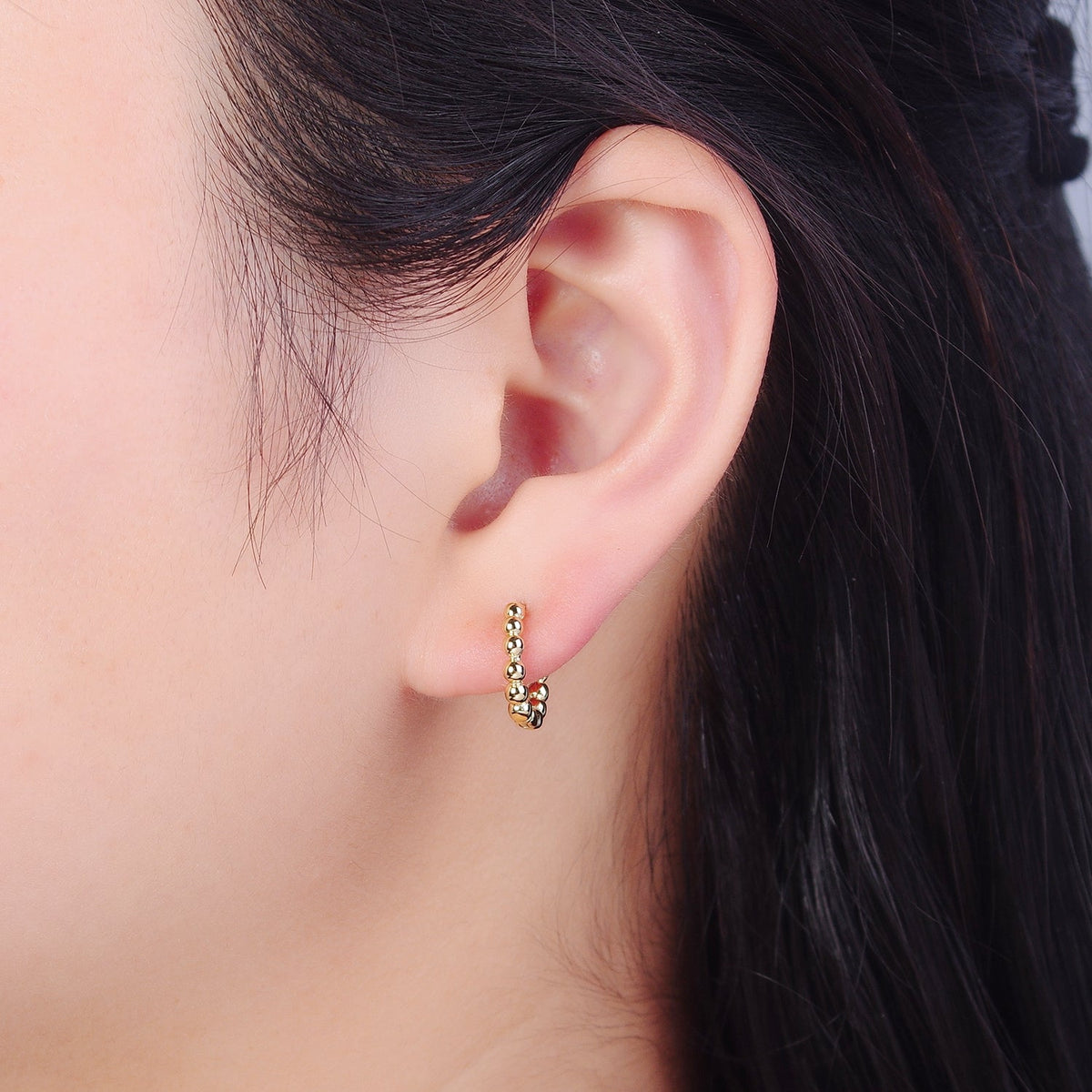 14K Gold Filled Beaded Ball Round Bubble Huggie Hoop Earring | P373