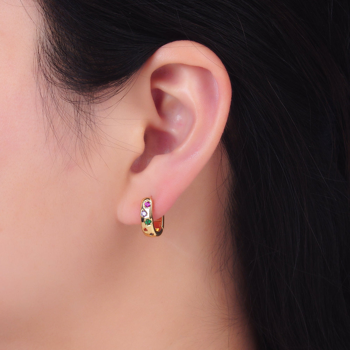 24K Gold Filled Multicolor CZ U-Shaped Huggie Earrings | AB002