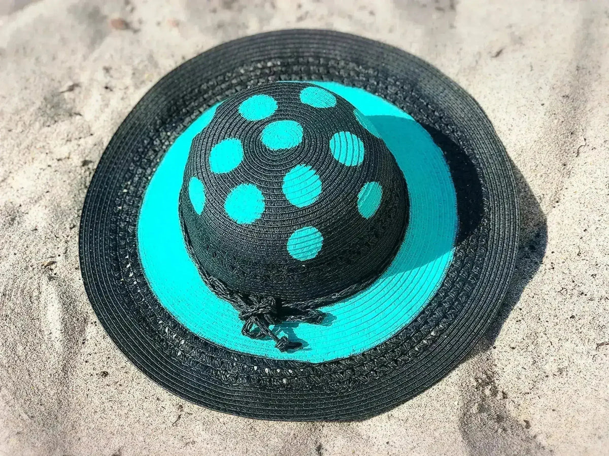 Hand painted Polka Dot Sun Hat - Black &amp; Aqua | Femstylo