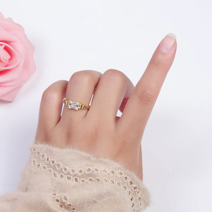 24K Gold Filled Square Baguette Cubic Zirconia Bubble Adjustable Gold Ring | U-023