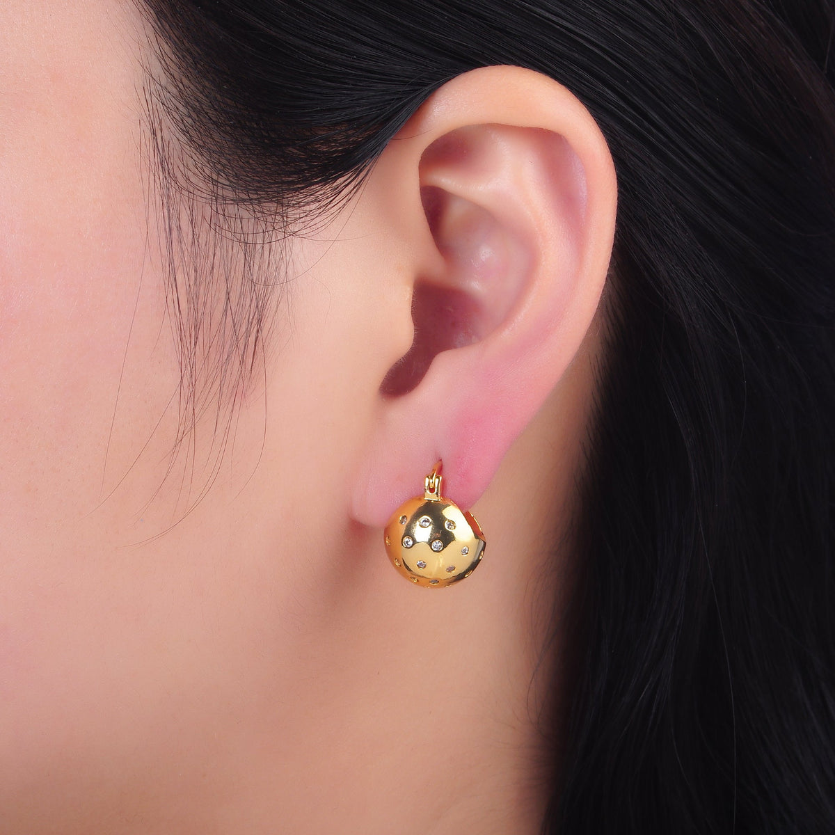 24K Gold Filled 15mm CZ Dotted Round Dome Latch Hoop Earrings | AB231