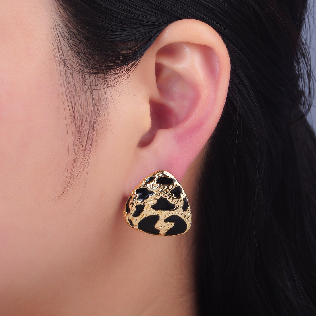 24K Gold Filled Black Enamel Cheetah Textured Triangle Stud Earrings in Gold &amp; Silver | AB1420 AB1419