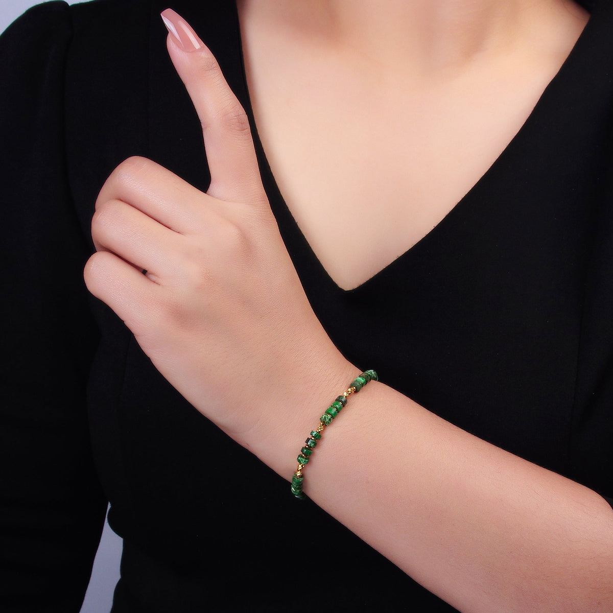 Stainless Steel Malachite Natural Gemstone Bead 7 Inch Bracelet | WA-3113