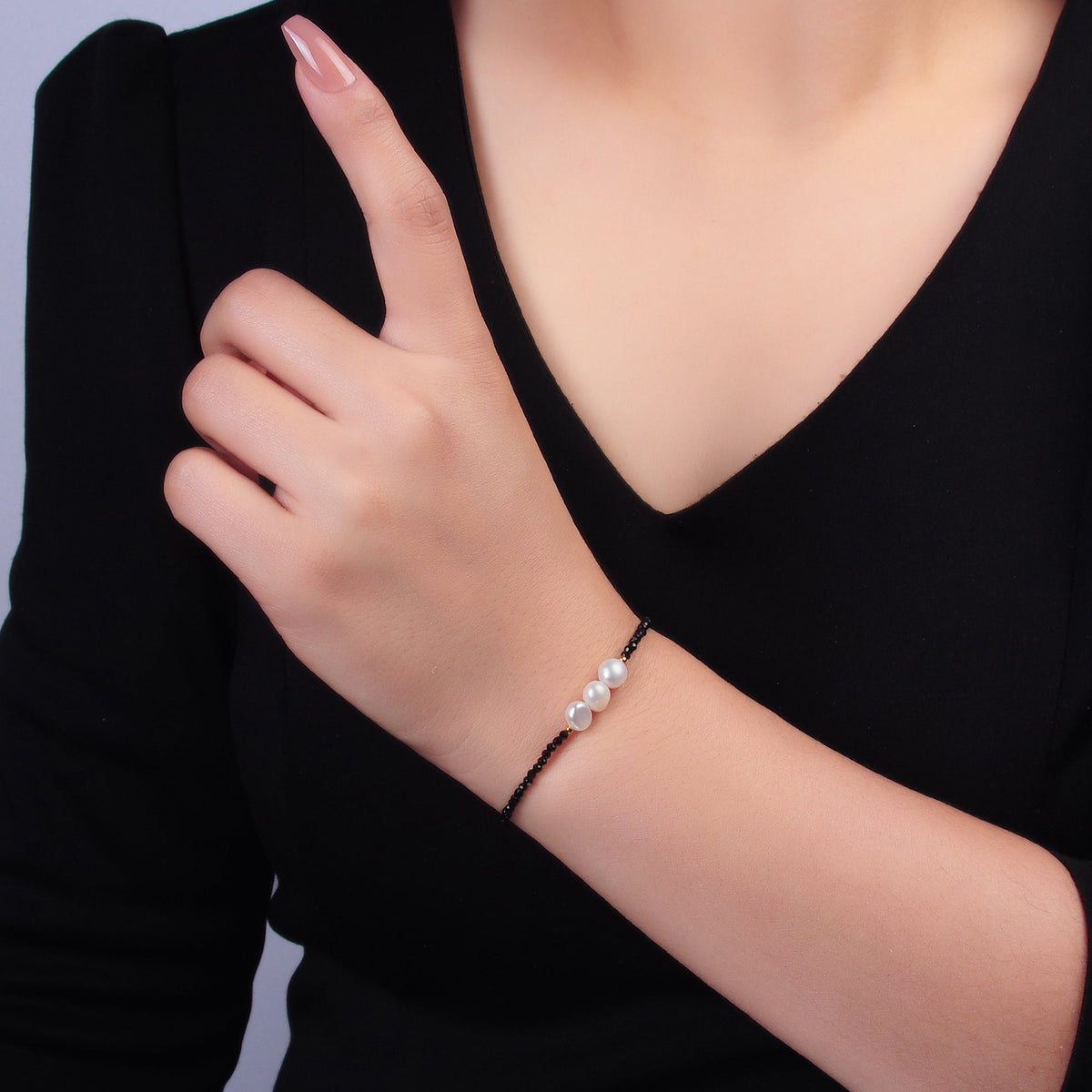 Stainless Steel Triple Shell Pearl Onyx Natural Gemstone 6.5 Inch Bracelet | WA-3129