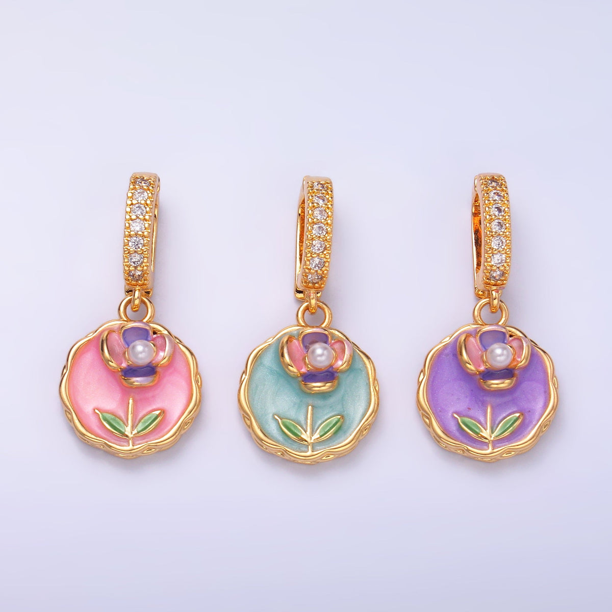 24K Gold Filled Blue, Purple, Pink Daisy Flower Micro Paved CZ Snap Bail Pendant | AA1442 AA1443
