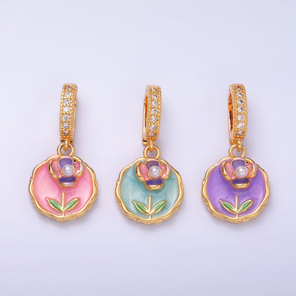 24K Gold Filled Blue, Purple, Pink Daisy Flower Micro Paved CZ Snap Bail Pendant | AA1442 AA1443