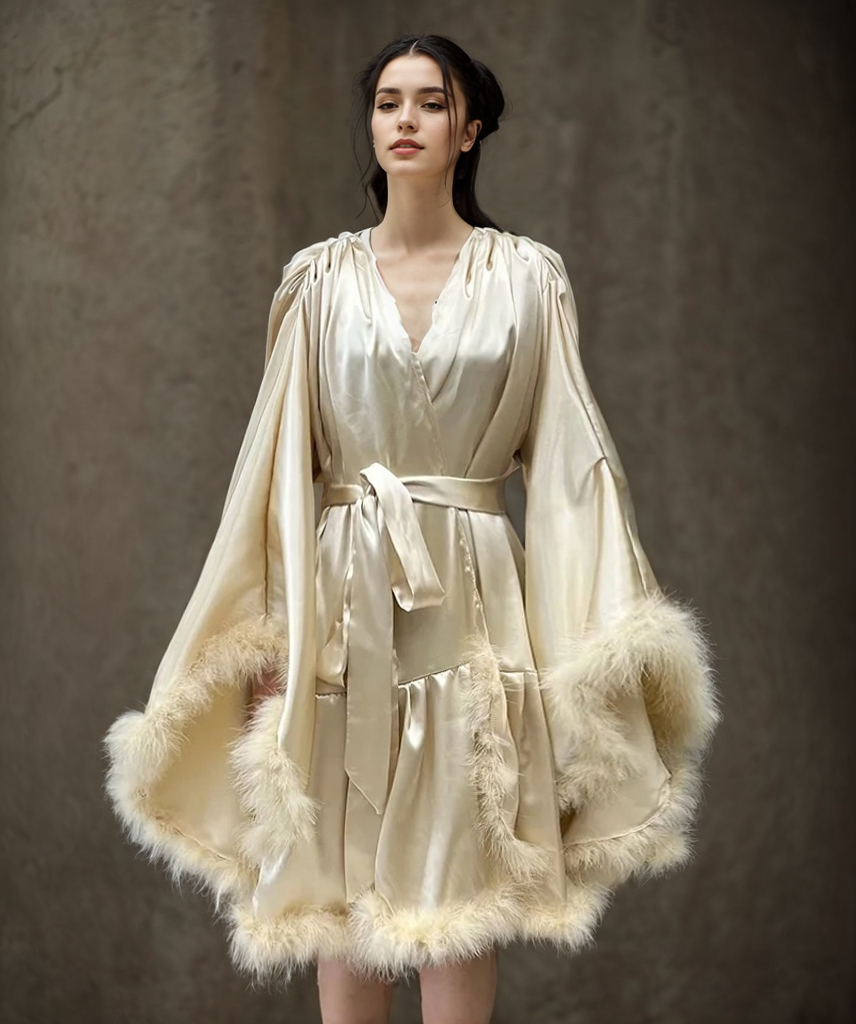 Short Satin Feather Robe – Holiday Photoshoot, Christmas Gift, Glam Party Outfit